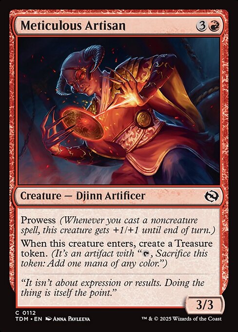 Prowess (Whenever you cast a noncreature spell, this creature gets +1/+1 until end of turn.)
When this creature enters, create a Treasure token. (It's an artifact with "{T}, Sacrifice this token: Add one mana of any color.")