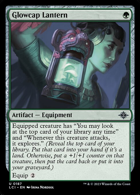 Equipped creature has "You may look at the top card of your library any time" and "Whenever this creature attacks, it explores." (Reveal the top card of your library. Put that card into your hand if it's a land. Otherwise, put a +1/+1 counter on that creature, then put the card back or put it into your graveyard.)
Equip {2}