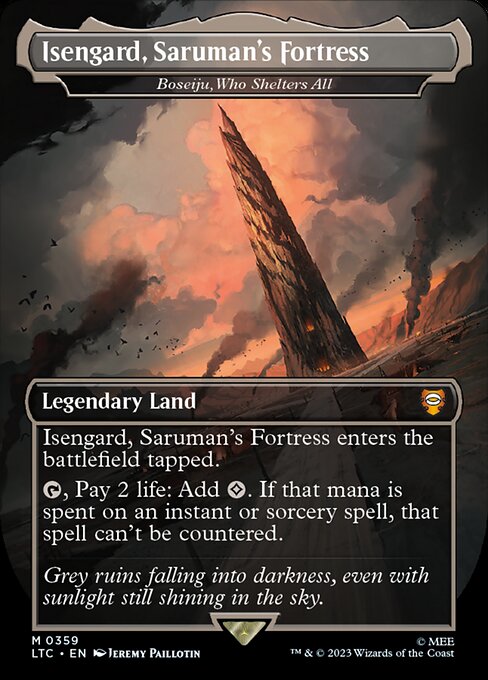 Boseiju, Who Shelters All enters the battlefield tapped.
{T}, Pay 2 life: Add {C}. If that mana is spent on an instant or sorcery spell, that spell can't be countered.