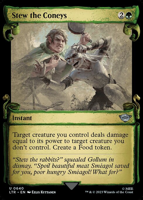Target creature you control deals damage equal to its power to target creature you don't control. Create a Food token. (It's an artifact with "{2}, {T}, Sacrifice this artifact: You gain 3 life.")