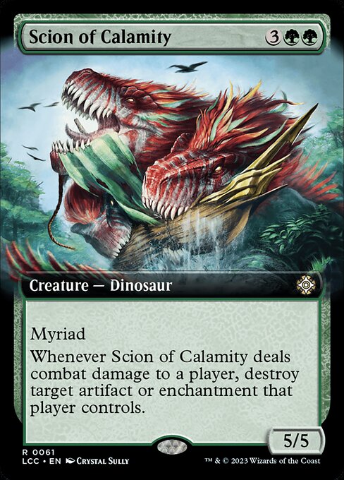 Myriad (Whenever this creature attacks, for each opponent other than defending player, you may create a token copy that's tapped and attacking that player or a planeswalker they control. Exile the tokens at end of combat.)
Whenever this creature deals combat damage to a player, destroy target artifact or enchantment that player controls.