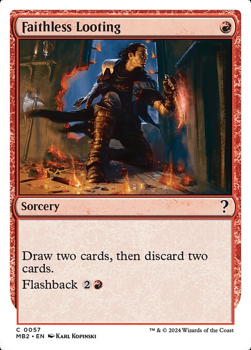 Draw two cards, then discard two cards.
Flashback {2}{R} (You may cast this card from your graveyard for its flashback cost. Then exile it.)