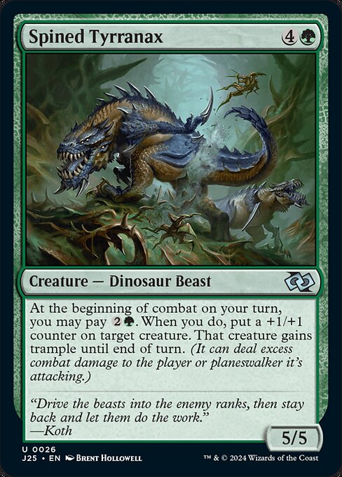At the beginning of combat on your turn, you may pay {2}{G}. When you do, put a +1/+1 counter on target creature. That creature gains trample until end of turn. (It can deal excess combat damage to the player or planeswalker it's attacking.)