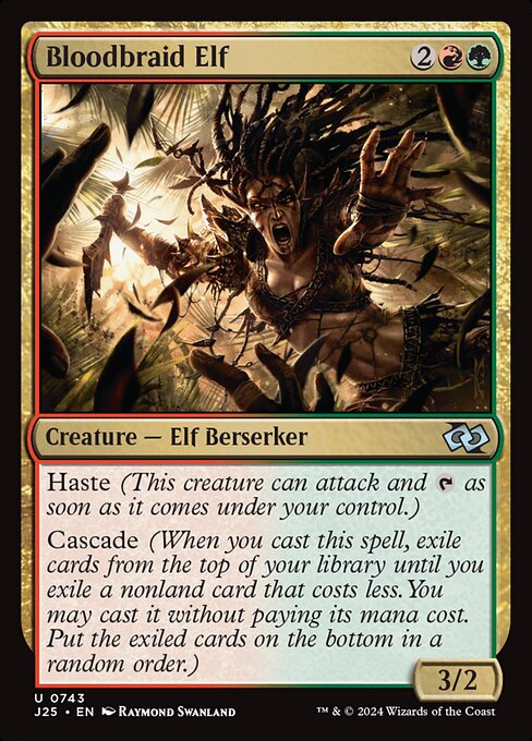 Haste (This creature can attack and {T} as soon as it comes under your control.)
Cascade (When you cast this spell, exile cards from the top of your library until you exile a nonland card that costs less. You may cast it without paying its mana cost. Put the exiled cards on the bottom in a random order.)