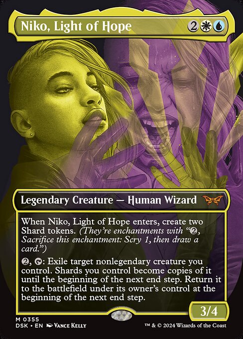 When Niko, Light of Hope enters, create two Shard tokens. (They're enchantments with "{2}, Sacrifice this enchantment: Scry 1, then draw a card.")
{2}, {T}: Exile target nonlegendary creature you control. Shards you control become copies of it until the beginning of the next end step. Return it to the battlefield under its owner's control at the beginning of the next end step.