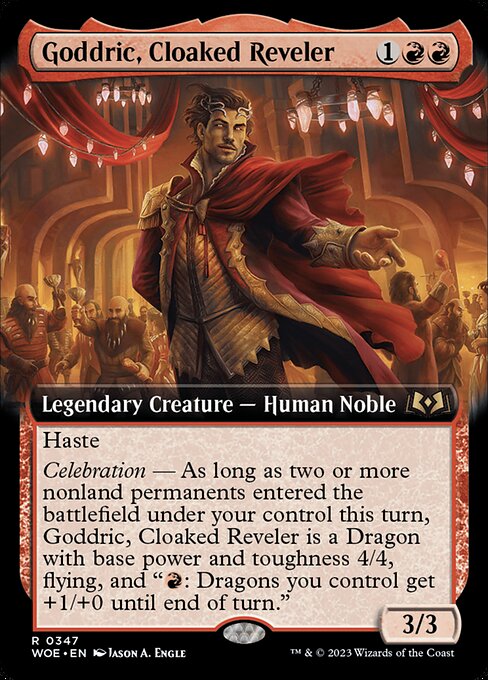 Haste
Celebration — As long as two or more nonland permanents entered the battlefield under your control this turn, Goddric, Cloaked Reveler is a Dragon with base power and toughness 4/4, flying, and "{R}: Dragons you control get +1/+0 until end of turn." (It loses all other creature types.)