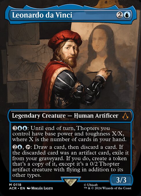 {3}{U}{U}: Until end of turn, Thopters you control have base power and toughness X/X, where X is the number of cards in your hand.
{2}{U}, {T}: Draw a card, then discard a card. If the discarded card was an artifact card, exile it from your graveyard. If you do, create a token that's a copy of it, except it's a 0/2 Thopter artifact creature with flying in addition to its other types.