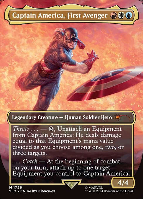 Throw ... — {3}, Unattach an Equipment from Captain America: He deals damage equal to that Equipment's mana value divided as you choose among one, two, or three targets.
... Catch — At the beginning of combat on your turn, attach up to one target Equipment you control to Captain America.