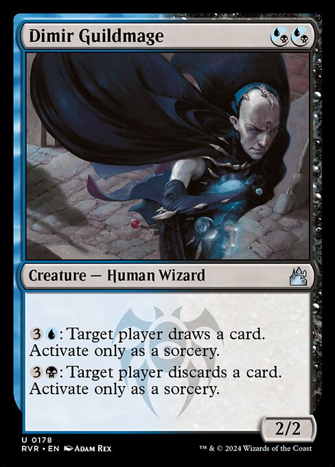 ({U/B} can be paid with either {U} or {B}.)
{3}{U}: Target player draws a card. Activate only as a sorcery.
{3}{B}: Target player discards a card. Activate only as a sorcery.