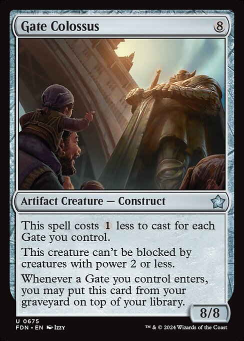 This spell costs {1} less to cast for each Gate you control.
This creature can't be blocked by creatures with power 2 or less.
Whenever a Gate you control enters, you may put this card from your graveyard on top of your library.