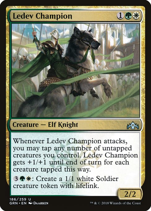 Whenever Ledev Champion attacks, you may tap any number of untapped creatures you control. Ledev Champion gets +1/+1 until end of turn for each creature tapped this way.
{3}{G}{W}: Create a 1/1 white Soldier creature token with lifelink.