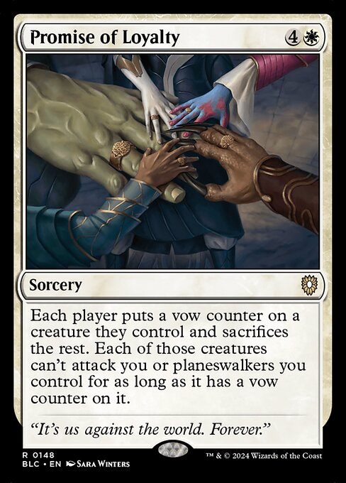 Each player puts a vow counter on a creature they control and sacrifices the rest. Each of those creatures can't attack you or planeswalkers you control for as long as it has a vow counter on it.