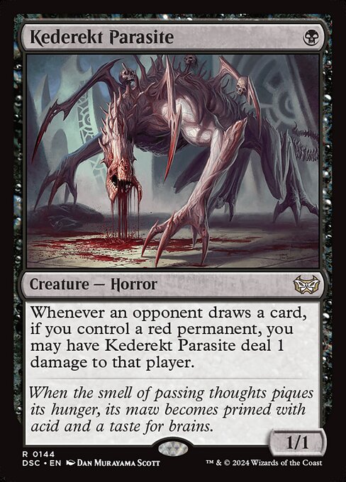 Whenever an opponent draws a card, if you control a red permanent, you may have Kederekt Parasite deal 1 damage to that player.