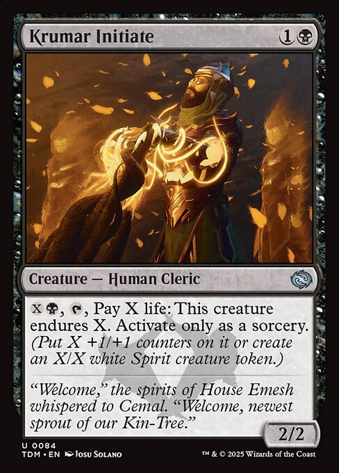 {X}{B}, {T}, Pay X life: This creature endures X. Activate only as a sorcery. (Put X+1/+1 counters on it or create an X/X white Spirit creature token.)