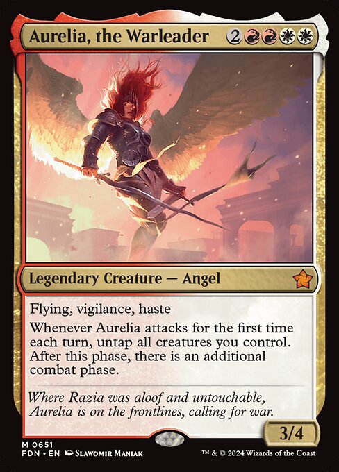 Flying, vigilance, haste
Whenever Aurelia attacks for the first time each turn, untap all creatures you control. After this phase, there is an additional combat phase.