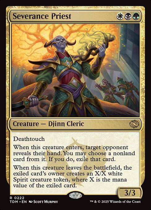 Deathtouch
When this creature enters, target opponent reveals their hand. You may choose a nonland card from it. If you do, exile that card.
When this creature leaves the battlefield, the exiled card's owner creates an X/X white Spirit creature token, where X is the mana value of the exiled card.