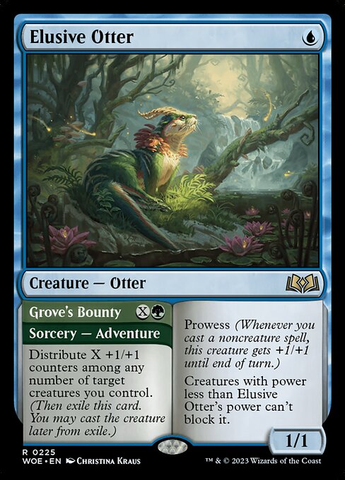 Prowess (Whenever you cast a noncreature spell, this creature gets +1/+1 until end of turn.)
Creatures with power less than Elusive Otter's power can't block it.   Distribute X +1/+1 counters among any number of target creatures you control. (Then exile this card. You may cast the creature later from exile.)