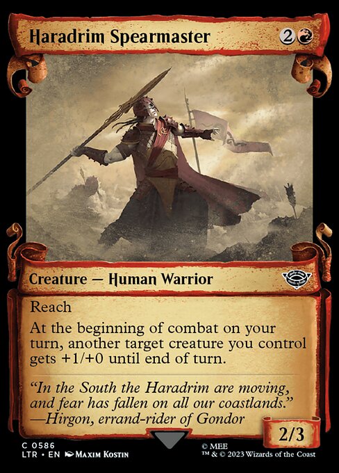 Reach
At the beginning of combat on your turn, another target creature you control gets +1/+0 until end of turn.