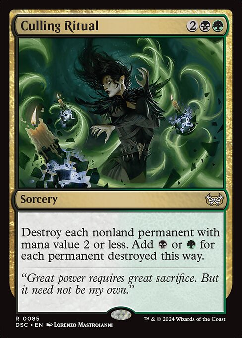 Destroy each nonland permanent with mana value 2 or less. Add {B} or {G} for each permanent destroyed this way.
