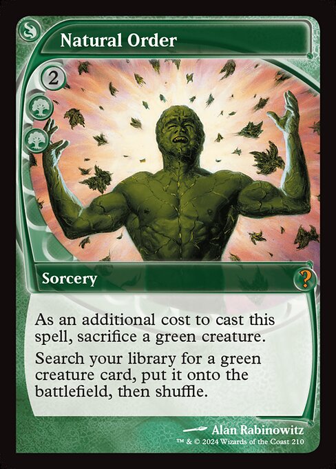 As an additional cost to cast this spell, sacrifice a green creature.
Search your library for a green creature card, put it onto the battlefield, then shuffle.