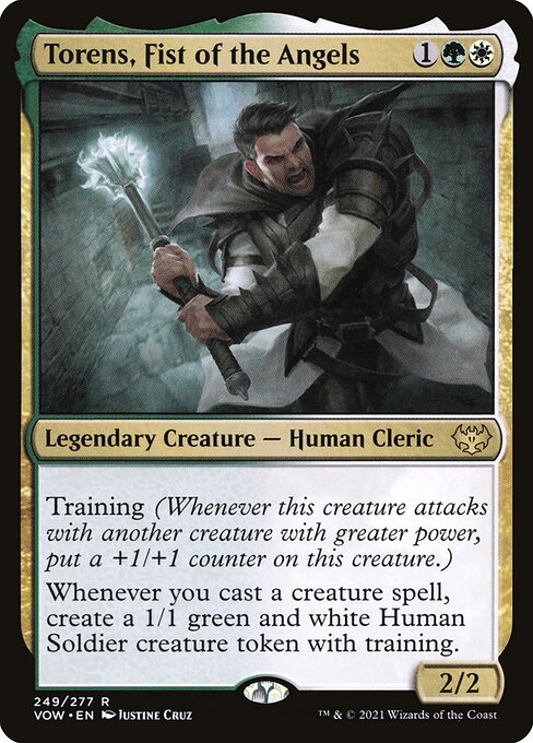Training (Whenever this creature attacks with another creature with greater power, put a +1/+1 counter on this creature.)
Whenever you cast a creature spell, create a 1/1 green and white Human Soldier creature token with training.