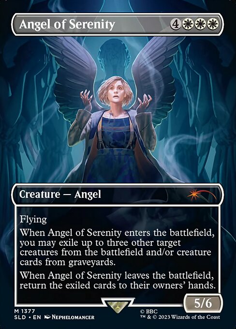 Flying
When Angel of Serenity enters the battlefield, you may exile up to three other target creatures from the battlefield and/or creature cards from graveyards.
When Angel of Serenity leaves the battlefield, return the exiled cards to their owners' hands.