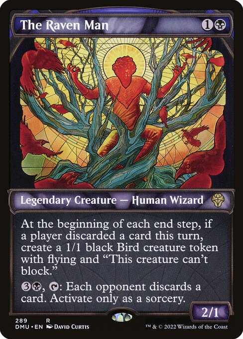 At the beginning of each end step, if a player discarded a card this turn, create a 1/1 black Bird creature token with flying and "This creature can't block."
{3}{B}, {T}: Each opponent discards a card. Activate only as a sorcery.