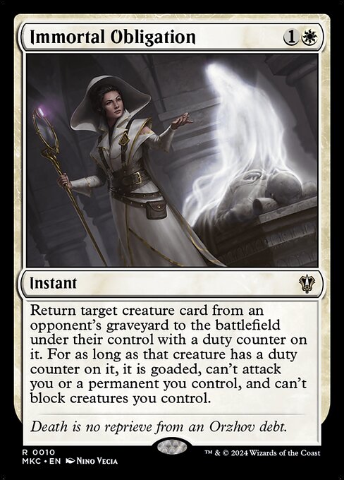 Return target creature card from an opponent's graveyard to the battlefield under their control with a duty counter on it. For as long as that creature has a duty counter on it, it is goaded, can't attack you or a permanent you control, and can't block creatures you control.