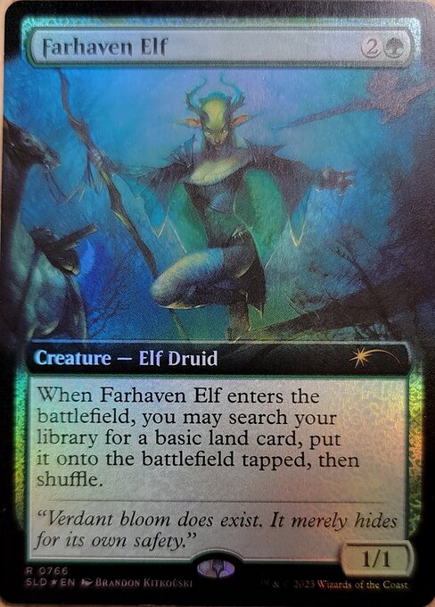 When Farhaven Elf enters the battlefield, you may search your library for a basic land card, put it onto the battlefield tapped, then shuffle.
