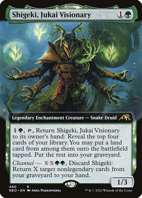 {1}{G}, {T}, Return Shigeki, Jukai Visionary to its owner's hand: Reveal the top four cards of your library. You may put a land card from among them onto the battlefield tapped. Put the rest into your graveyard.
Channel — {X}{X}{G}{G}, Discard Shigeki: Return X target nonlegendary cards from your graveyard to your hand.