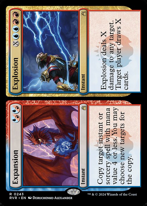 Copy target instant or sorcery spell with mana value 4 or less. You may choose new targets for the copy.   Explosion deals X damage to any target. Target player draws X cards.