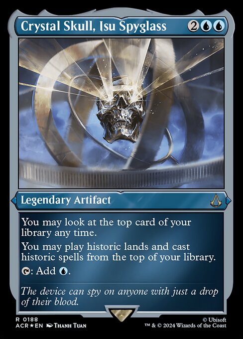 You may look at the top card of your library any time.
You may play historic lands and cast historic spells from the top of your library. (Artifacts, legendaries, and Sagas are historic.)
{T}: Add {U}.