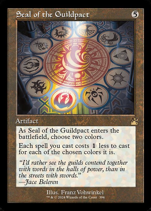 As Seal of the Guildpact enters the battlefield, choose two colors.
Each spell you cast costs {1} less to cast for each of the chosen colors it is.