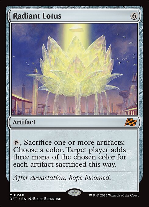 {T}, Sacrifice one or more artifacts: Choose a color. Target player adds three mana of the chosen color for each artifact sacrificed this way.