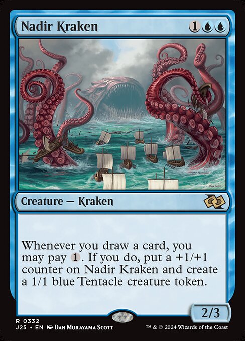 Whenever you draw a card, you may pay {1}. If you do, put a +1/+1 counter on Nadir Kraken and create a 1/1 blue Tentacle creature token.