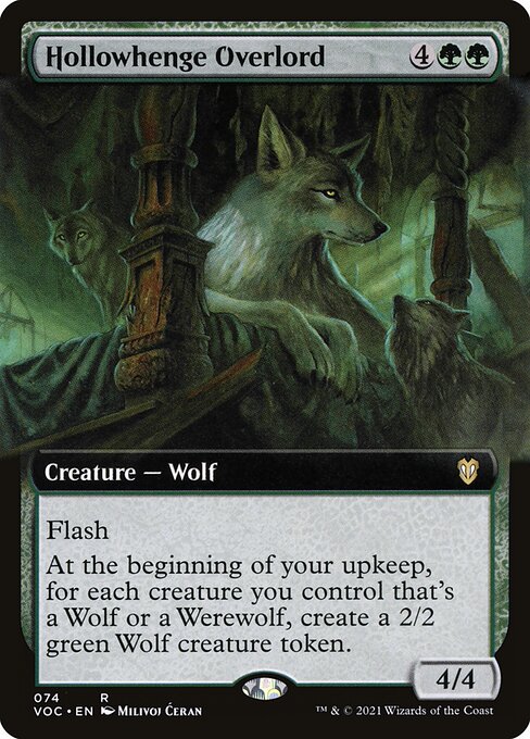Flash
At the beginning of your upkeep, for each creature you control that's a Wolf or a Werewolf, create a 2/2 green Wolf creature token.
