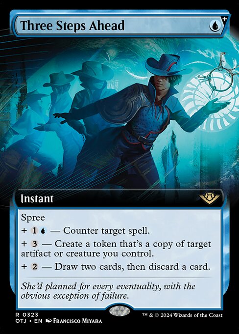 Spree (Choose one or more additional costs.)
+ {1}{U} — Counter target spell.
+ {3} — Create a token that's a copy of target artifact or creature you control.
+ {2} — Draw two cards, then discard a card.