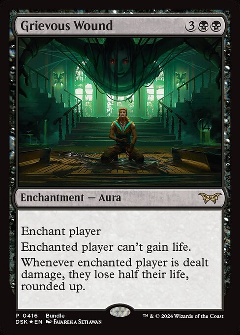 Enchant player
Enchanted player can't gain life.
Whenever enchanted player is dealt damage, they lose half their life, rounded up.