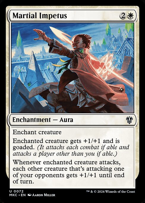 Enchant creature
Enchanted creature gets +1/+1 and is goaded. (It attacks each combat if able and attacks a player other than you if able.)
Whenever enchanted creature attacks, each other creature that's attacking one of your opponents gets +1/+1 until end of turn.