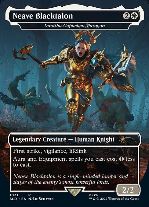 First strike, vigilance, lifelink
Aura and Equipment spells you cast cost {1} less to cast.