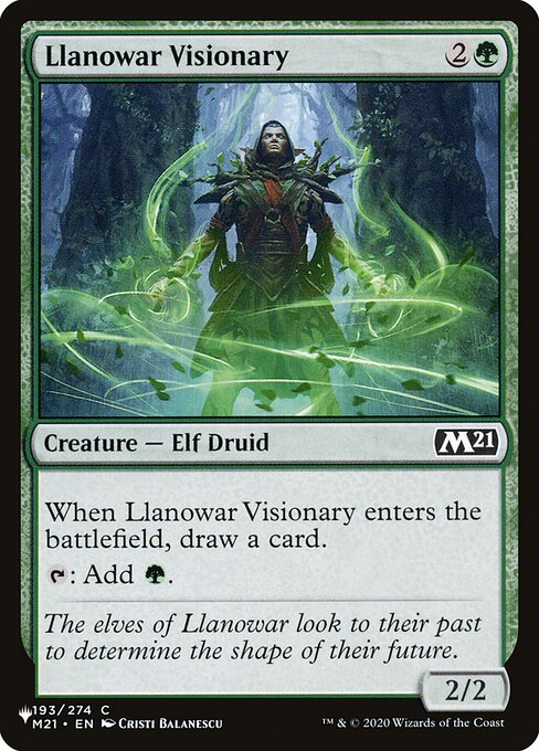 When Llanowar Visionary enters, draw a card.
{T}: Add {G}.