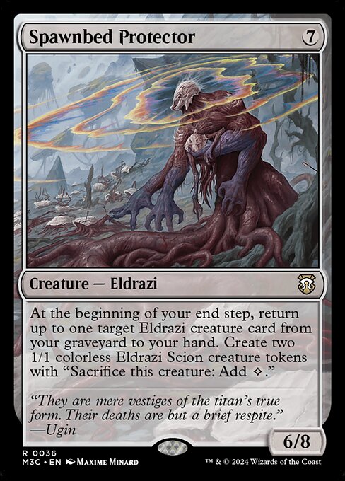 At the beginning of your end step, return up to one target Eldrazi creature card from your graveyard to your hand. Create two 1/1 colorless Eldrazi Scion creature tokens with "Sacrifice this creature: Add {C}."