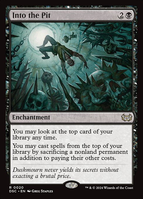 You may look at the top card of your library any time.
You may cast spells from the top of your library by sacrificing a nonland permanent in addition to paying their other costs.