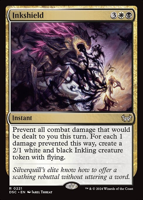 Prevent all combat damage that would be dealt to you this turn. For each 1 damage prevented this way, create a 2/1 white and black Inkling creature token with flying.