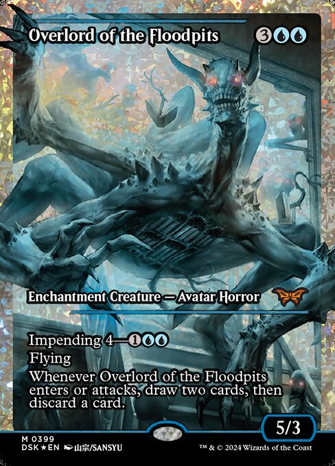 Impending 4—{1}{U}{U} (If you cast this spell for its impending cost, it enters with four time counters and isn't a creature until the last is removed. At the beginning of your end step, remove a time counter from it.)
Flying
Whenever Overlord of the Floodpits enters or attacks, draw two cards, then discard a card.