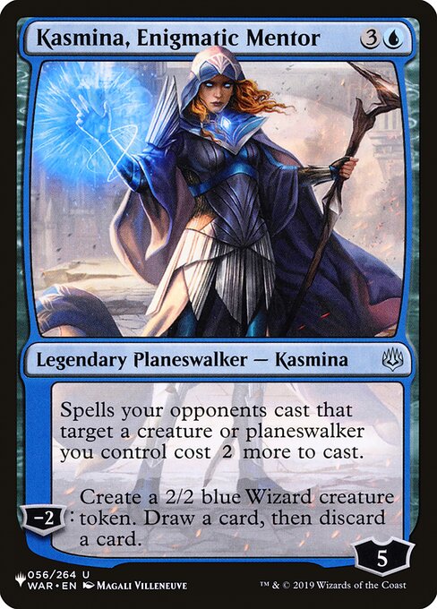 Spells your opponents cast that target a creature or planeswalker you control cost {2} more to cast.
−2: Create a 2/2 blue Wizard creature token. Draw a card, then discard a card.