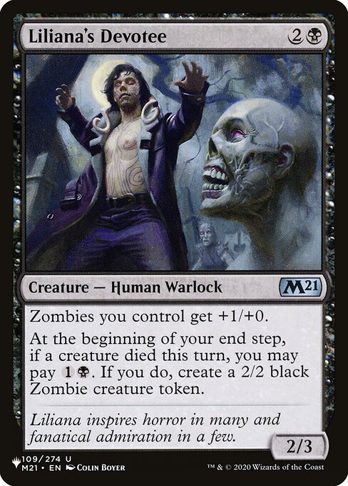 Zombies you control get +1/+0.
At the beginning of your end step, if a creature died this turn, you may pay {1}{B}. If you do, create a 2/2 black Zombie creature token.