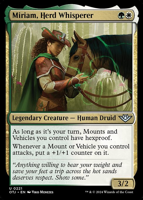 As long as it's your turn, Mounts and Vehicles you control have hexproof.
Whenever a Mount or Vehicle you control attacks, put a +1/+1 counter on it.