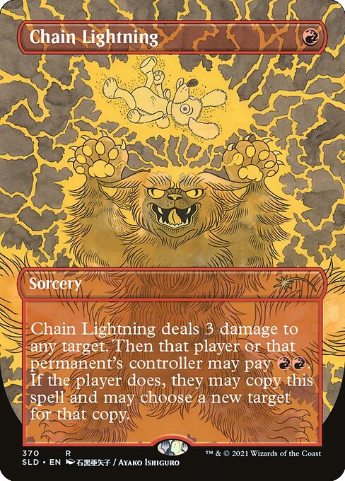 Chain Lightning deals 3 damage to any target. Then that player or that permanent's controller may pay {R}{R}. If the player does, they may copy this spell and may choose a new target for that copy.