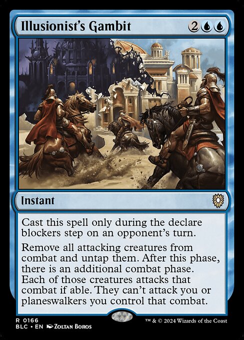 Cast this spell only during the declare blockers step on an opponent's turn.
Remove all attacking creatures from combat and untap them. After this phase, there is an additional combat phase. Each of those creatures attacks that combat if able. They can't attack you or planeswalkers you control that combat.